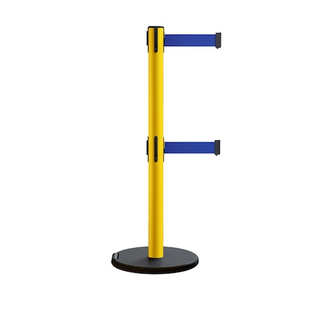 Montour Line Retractable Belt Dbl Rolling Stanchion 2.5ft Yellow Post  11ft. Dk Blu P400DRL-YW-DBL-110
